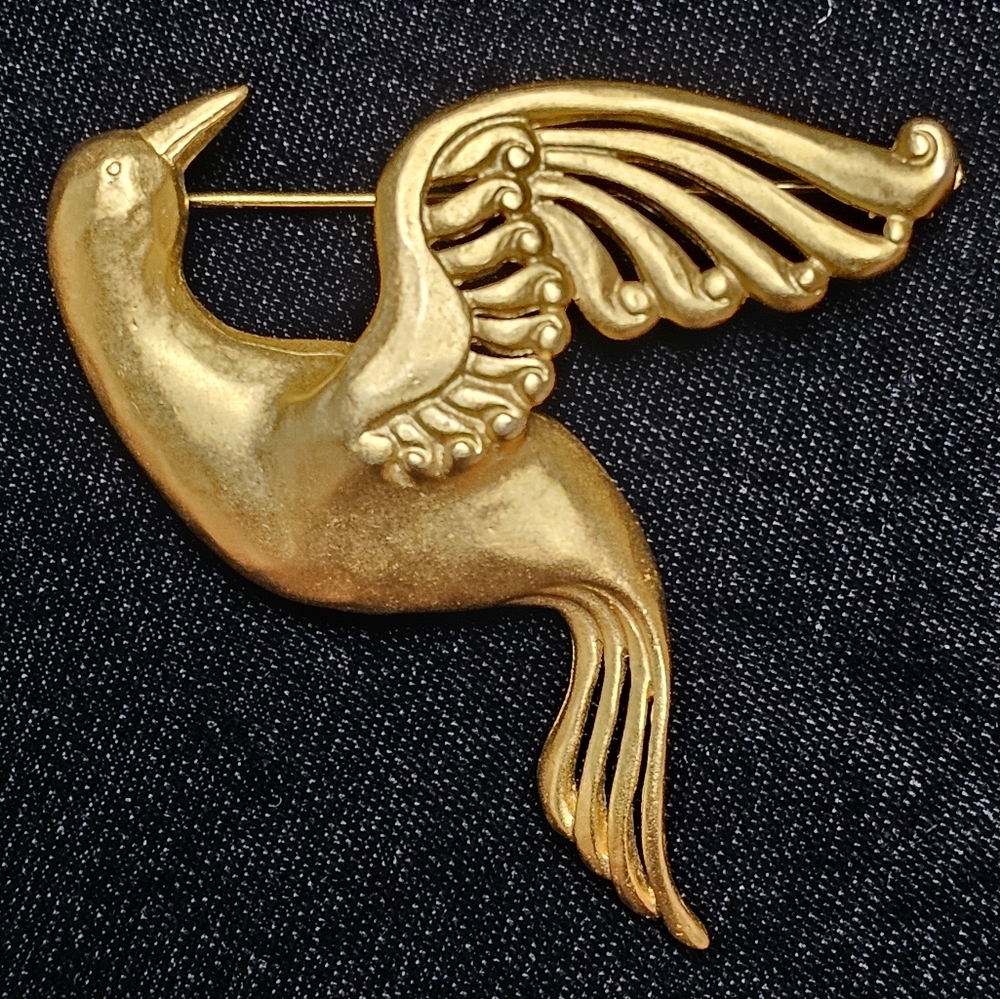 Rare Karl Lagerfeld Dove Bird Brooch Pin Vintage Designer Couture Gold Tone